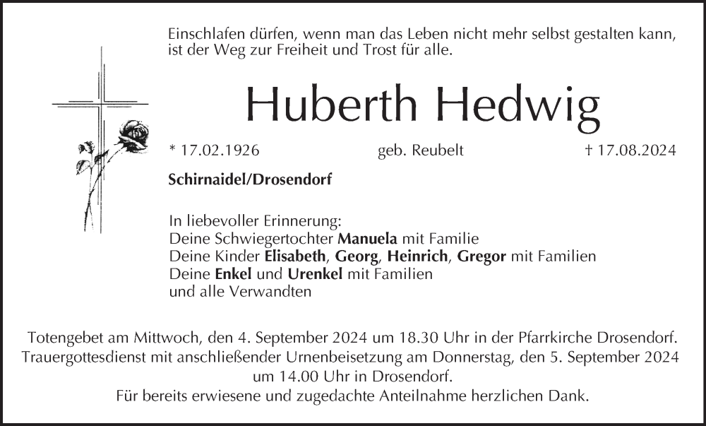  Traueranzeige für Huberth Hedwig vom 31.08.2024 aus MGO