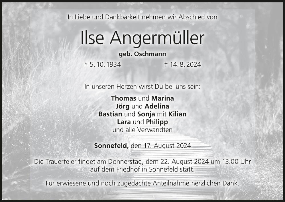 Traueranzeige für Ilse Angermüller vom 17.08.2024 aus MGO