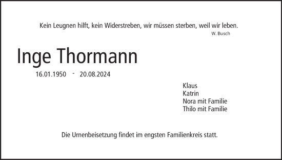 Anzeige von Inge Thormann von MGO