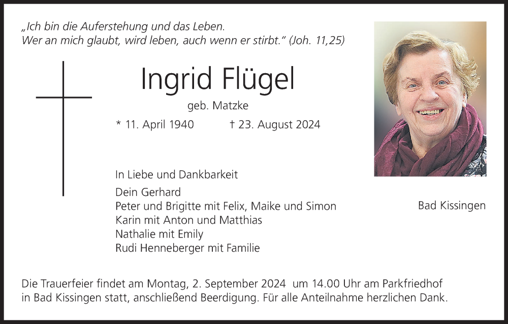  Traueranzeige für Ingrid Flügel vom 29.08.2024 aus MGO
