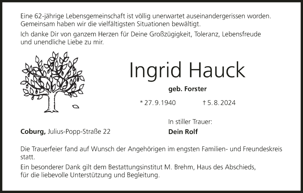  Traueranzeige für Ingrid Hauck vom 17.08.2024 aus MGO