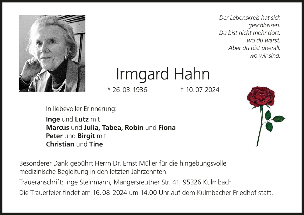  Traueranzeige für Irmgard Hahn vom 10.08.2024 aus MGO
