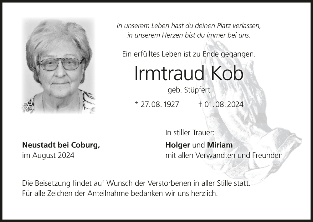  Traueranzeige für Irmtraud Kob vom 10.08.2024 aus MGO