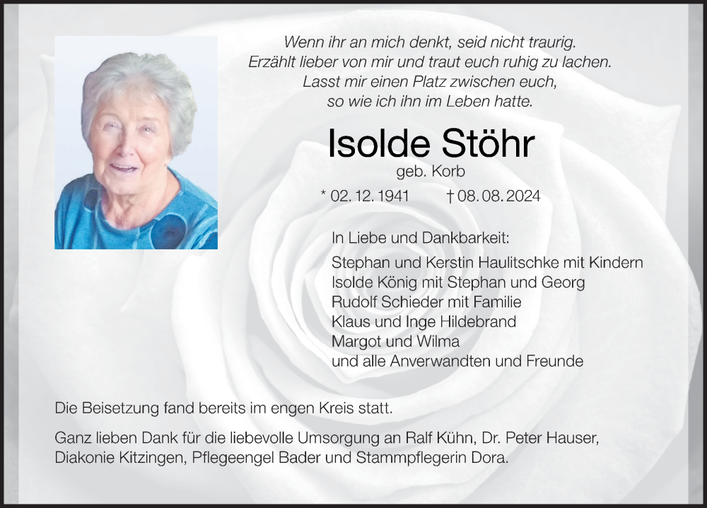  Traueranzeige für Isolde Stöhr vom 21.08.2024 aus MGO