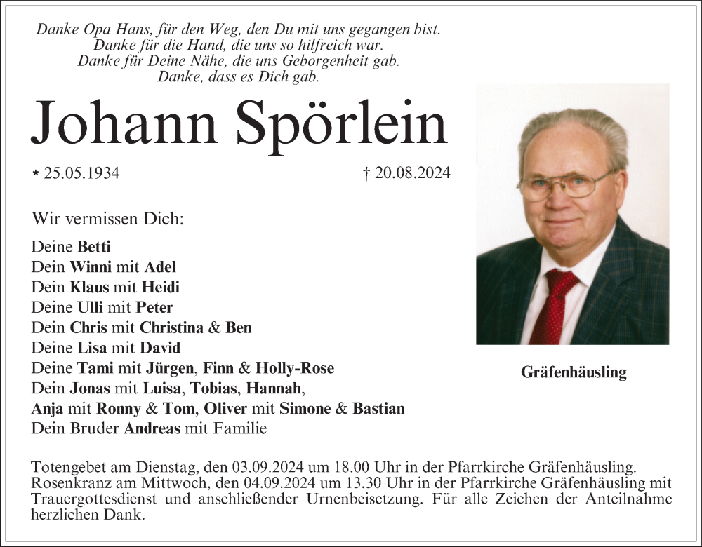  Traueranzeige für Johann Spörlein vom 31.08.2024 aus MGO