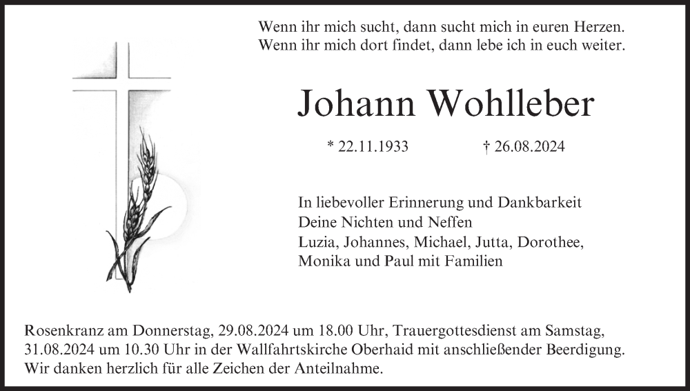  Traueranzeige für Johann Wohlleber vom 29.08.2024 aus MGO