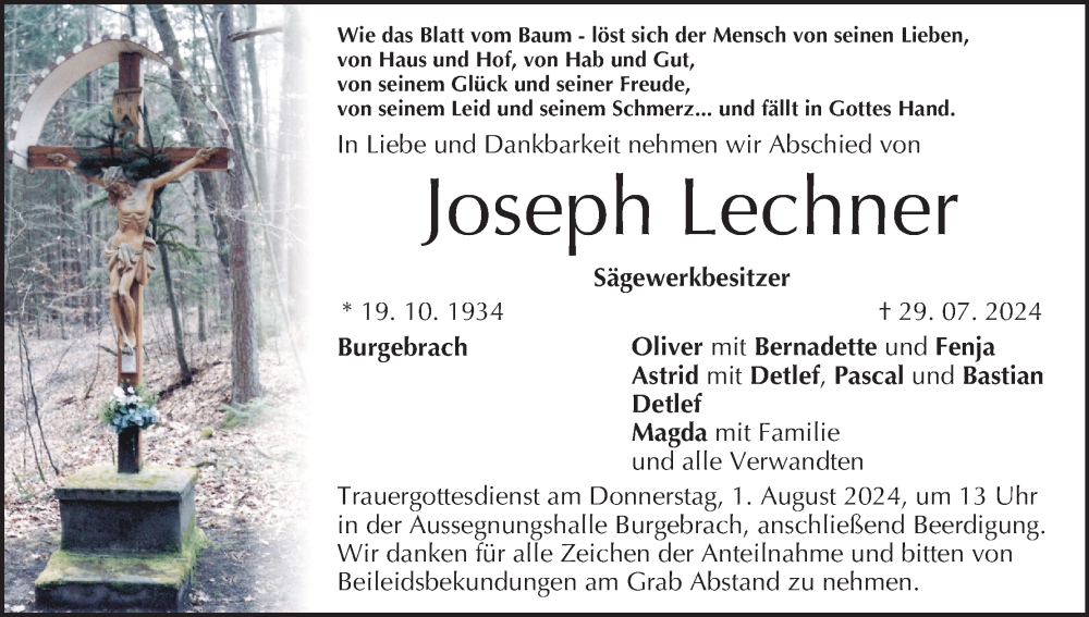  Traueranzeige für Joseph Lechner vom 31.07.2024 aus MGO