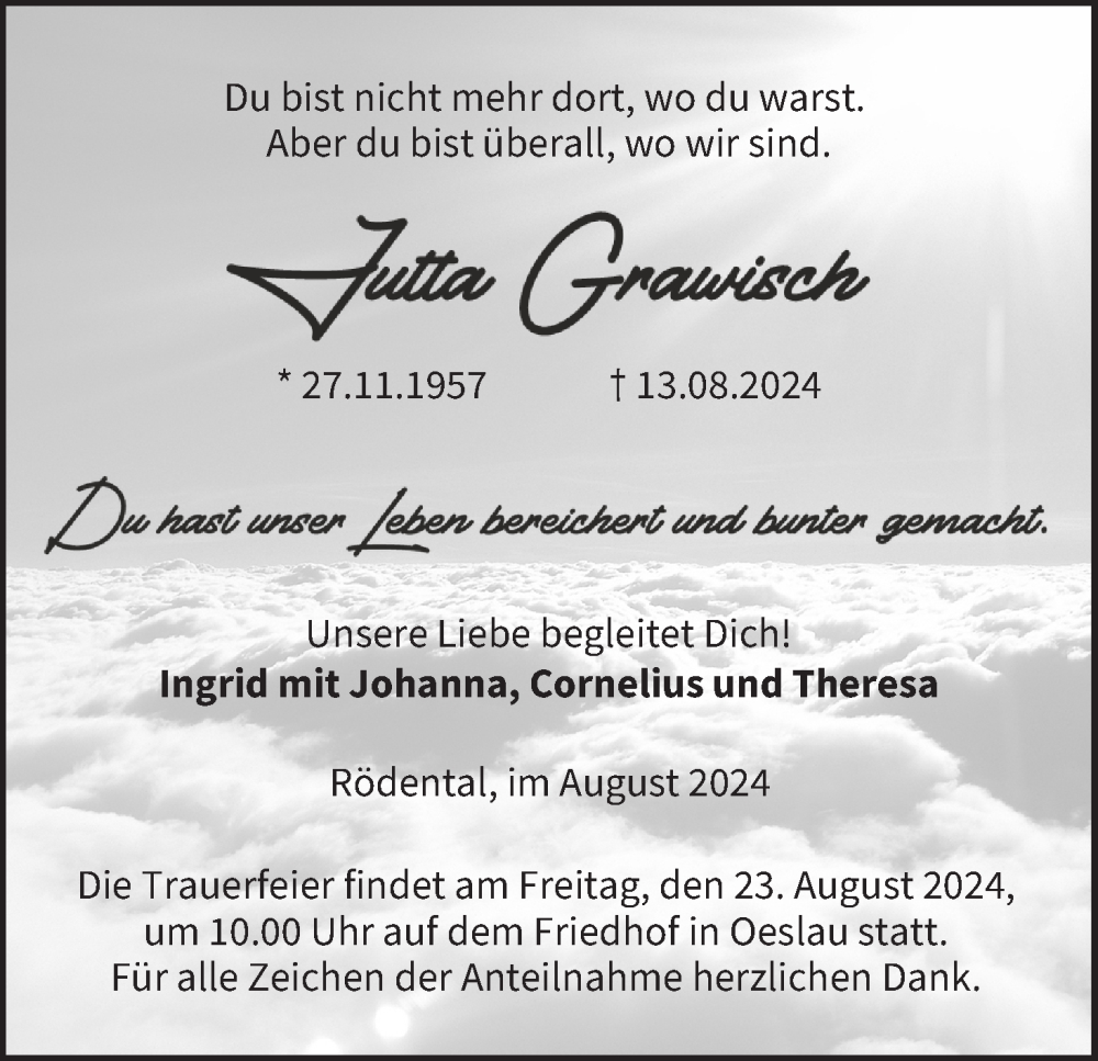  Traueranzeige für Jutta Grawisch vom 17.08.2024 aus MGO