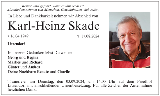 Anzeige von Karl-Heinz Skade von MGO