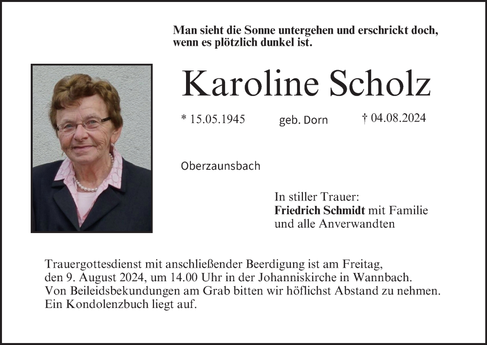 Traueranzeige für Karoline Scholz vom 07.08.2024 aus MGO