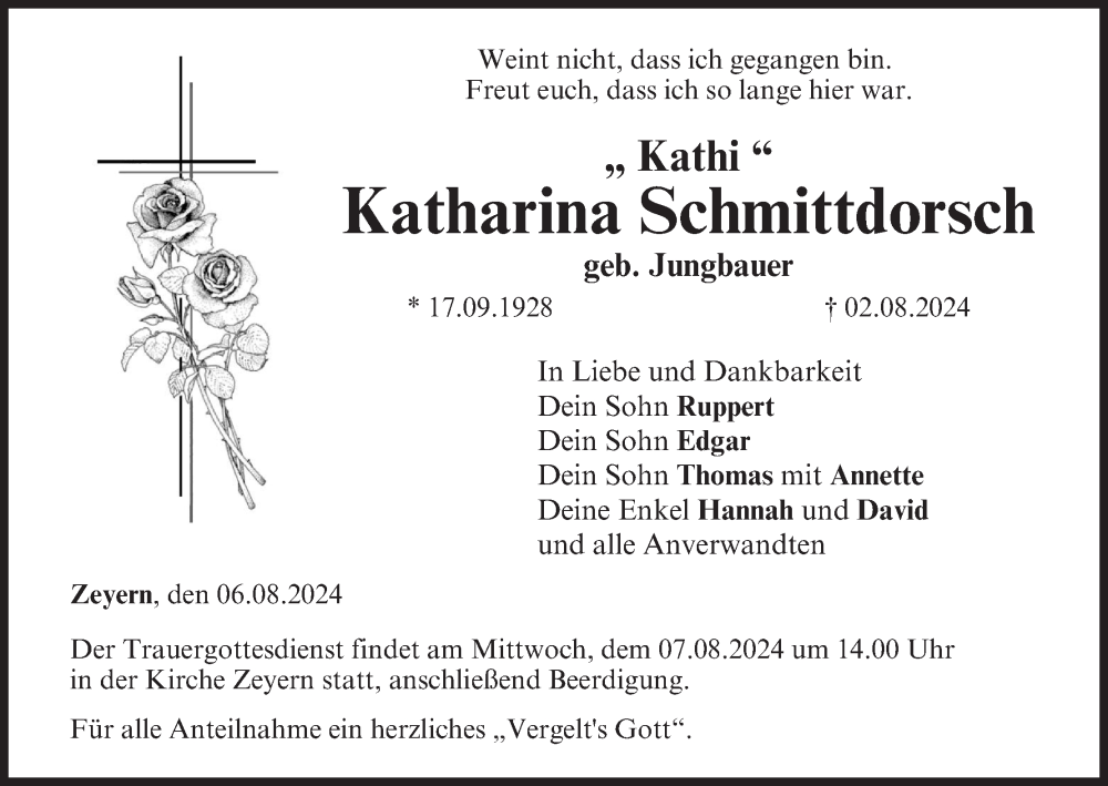  Traueranzeige für Katharina Schmittdorsch vom 06.08.2024 aus MGO