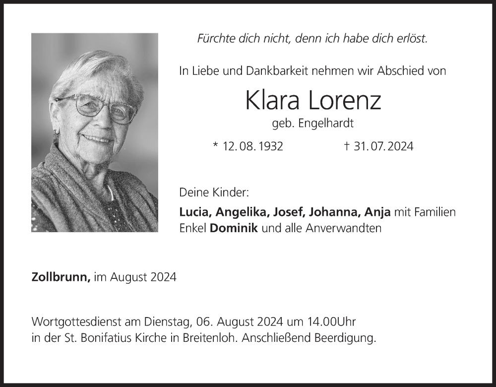  Traueranzeige für Klara Lorenz vom 03.08.2024 aus MGO