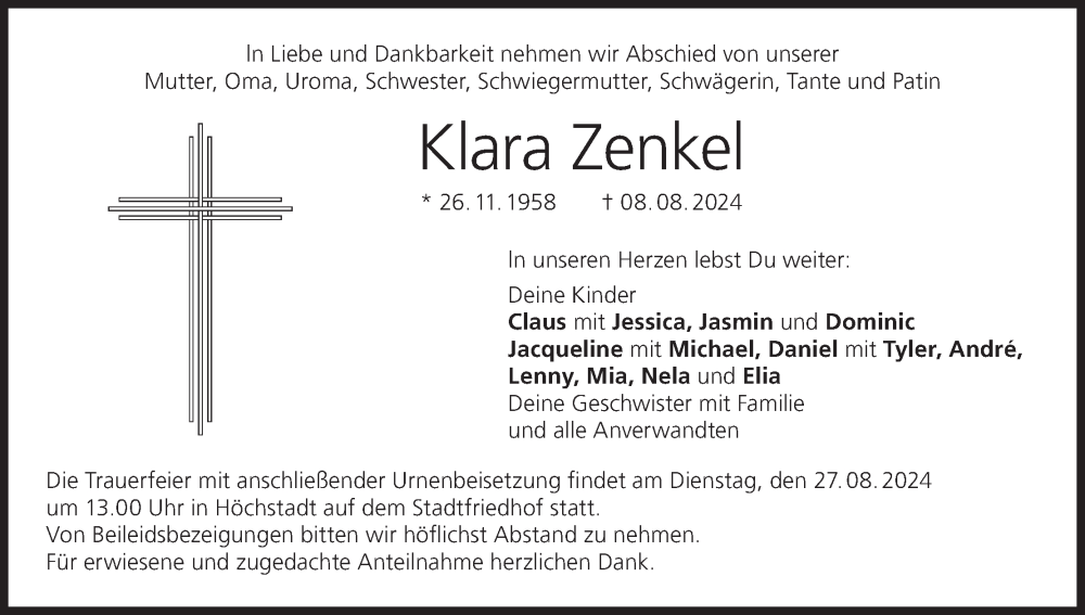  Traueranzeige für Klara Zenkel vom 24.08.2024 aus MGO