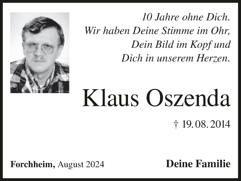  Traueranzeige für Klaus Oszenda vom 19.08.2024 aus MGO
