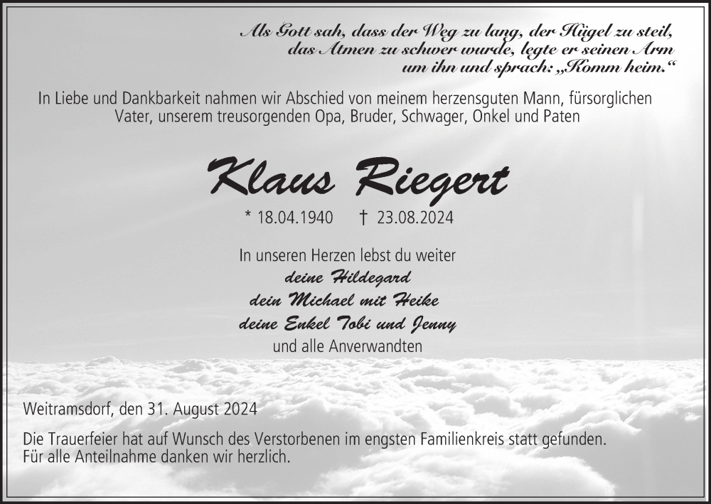  Traueranzeige für Klaus Riegert vom 31.08.2024 aus MGO