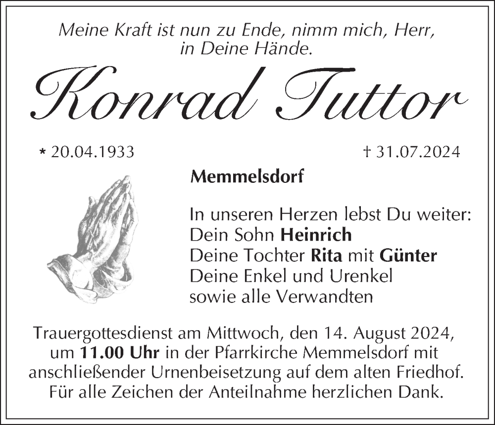  Traueranzeige für Konrad Tuttor vom 10.08.2024 aus MGO