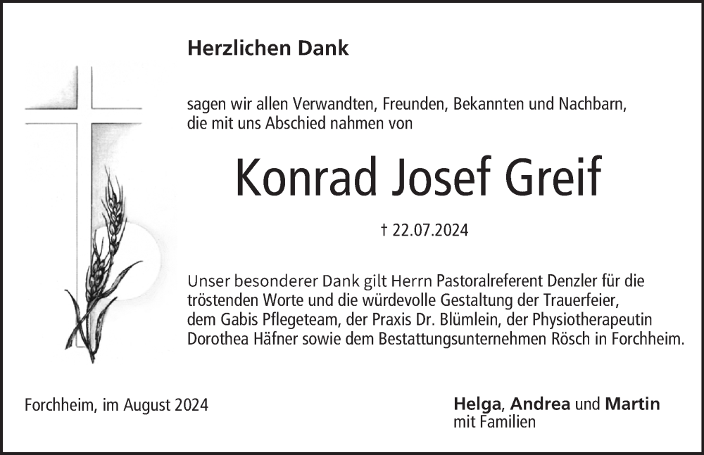  Traueranzeige für Konrad Josef Greif vom 10.08.2024 aus MGO