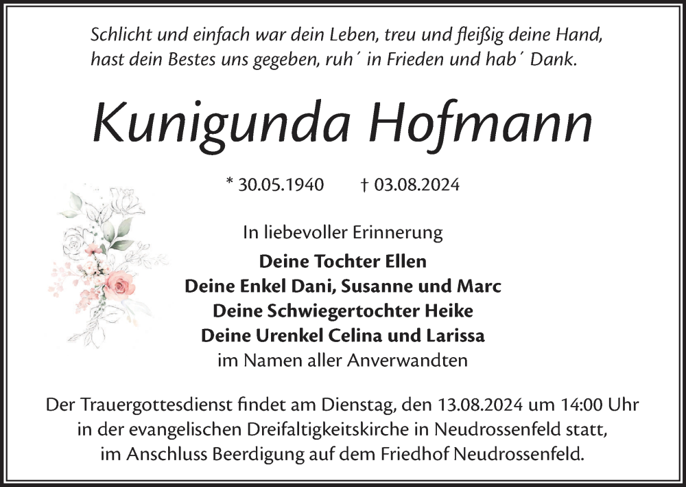  Traueranzeige für Kunigunda Hofmann vom 10.08.2024 aus MGO