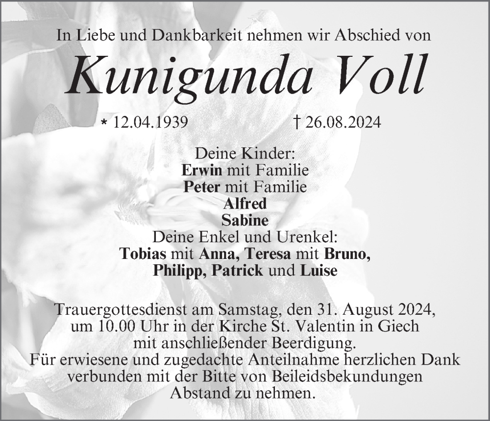  Traueranzeige für Kunigunda Voll vom 29.08.2024 aus MGO