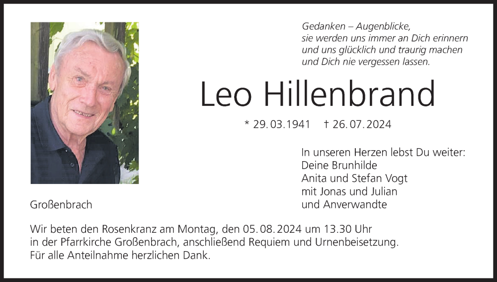  Traueranzeige für Leo Hillenbrand vom 03.08.2024 aus MGO