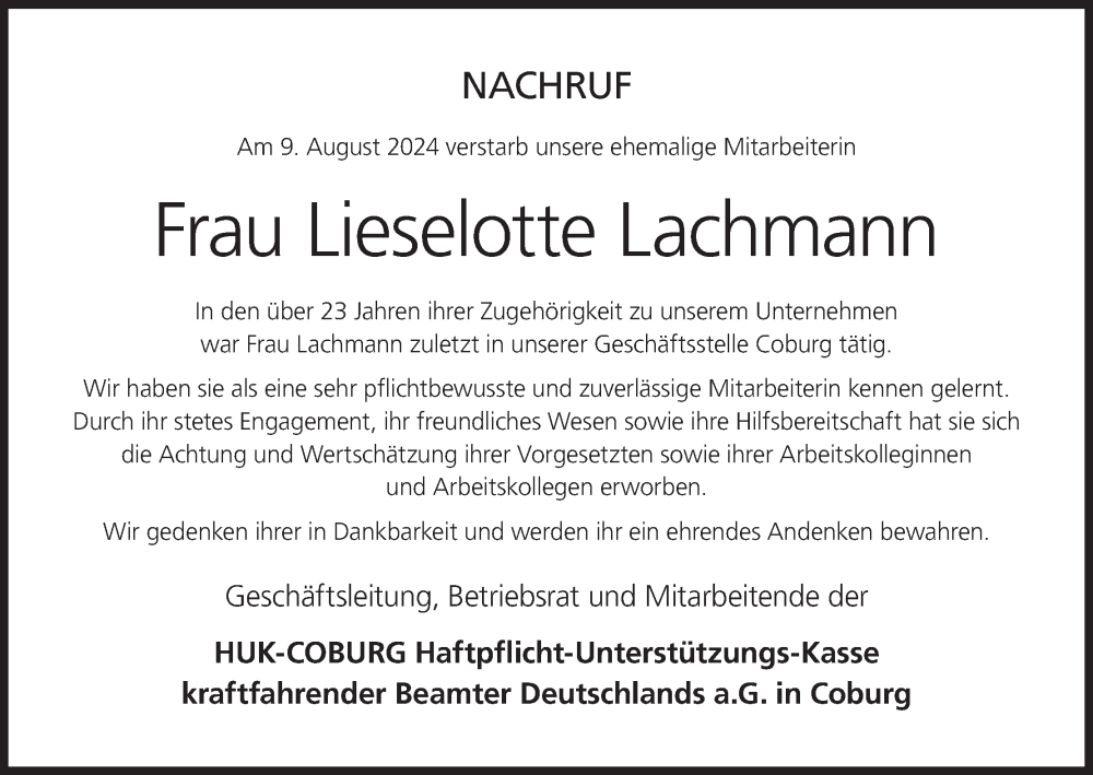  Traueranzeige für Lieselotte Lachmann vom 31.08.2024 aus MGO