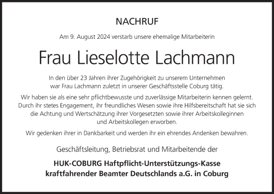 Anzeige von Lieselotte Lachmann von MGO