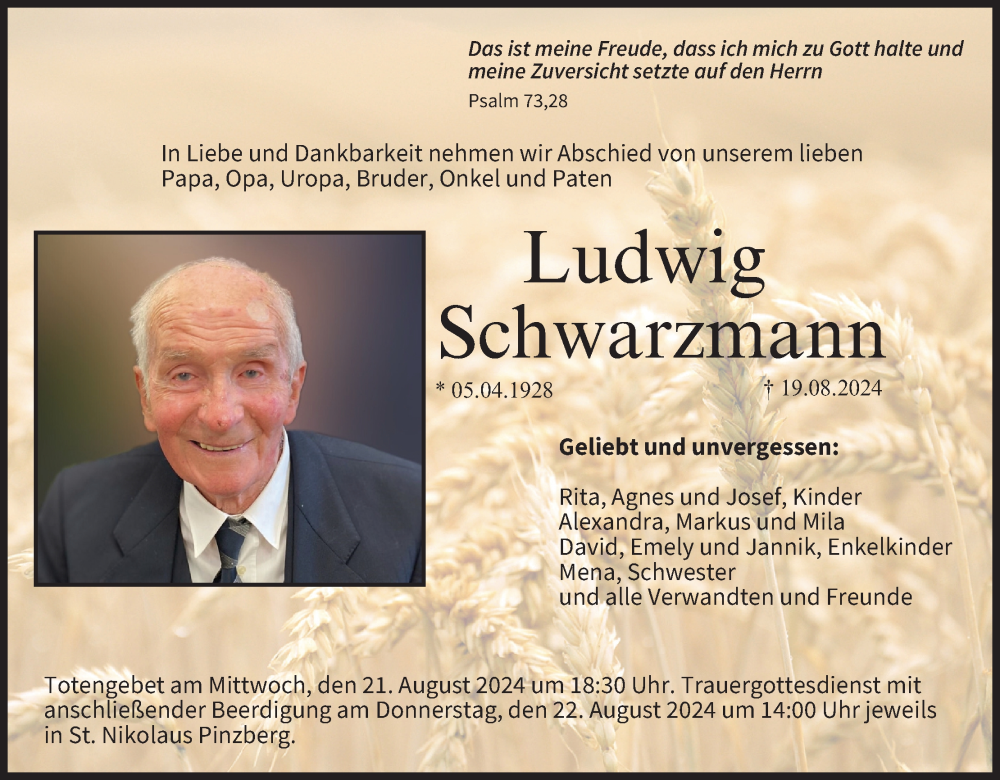  Traueranzeige für Ludwig Schwarzmann vom 21.08.2024 aus MGO