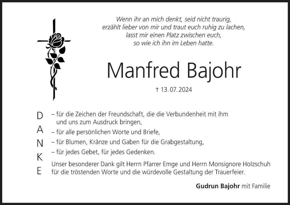  Traueranzeige für Manfred Bajohr vom 17.08.2024 aus MGO