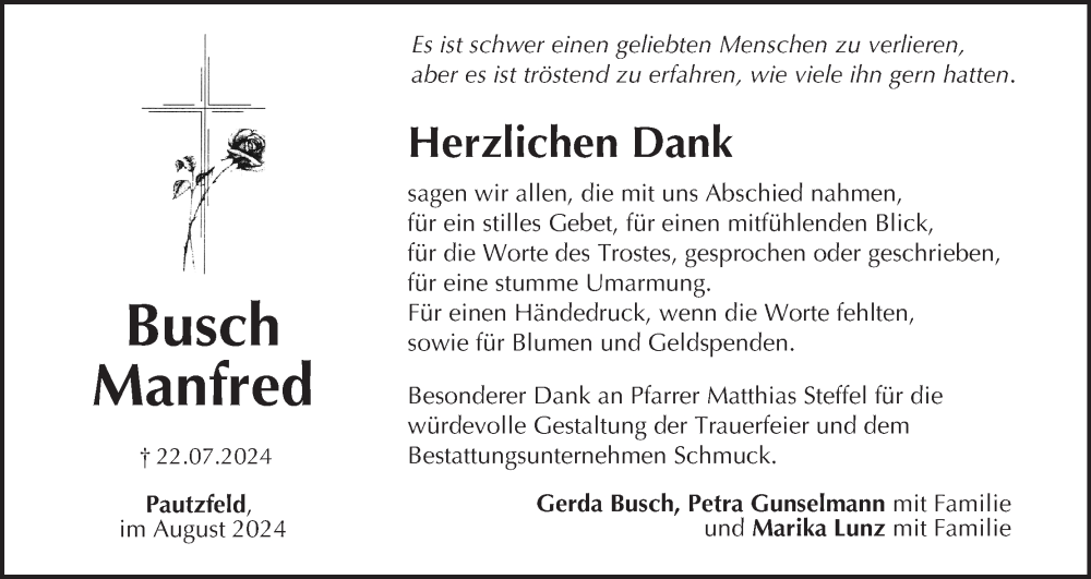  Traueranzeige für Manfred Busch vom 24.08.2024 aus MGO