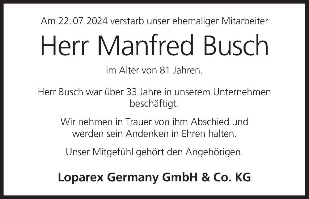  Traueranzeige für Manfred Busch vom 06.08.2024 aus MGO