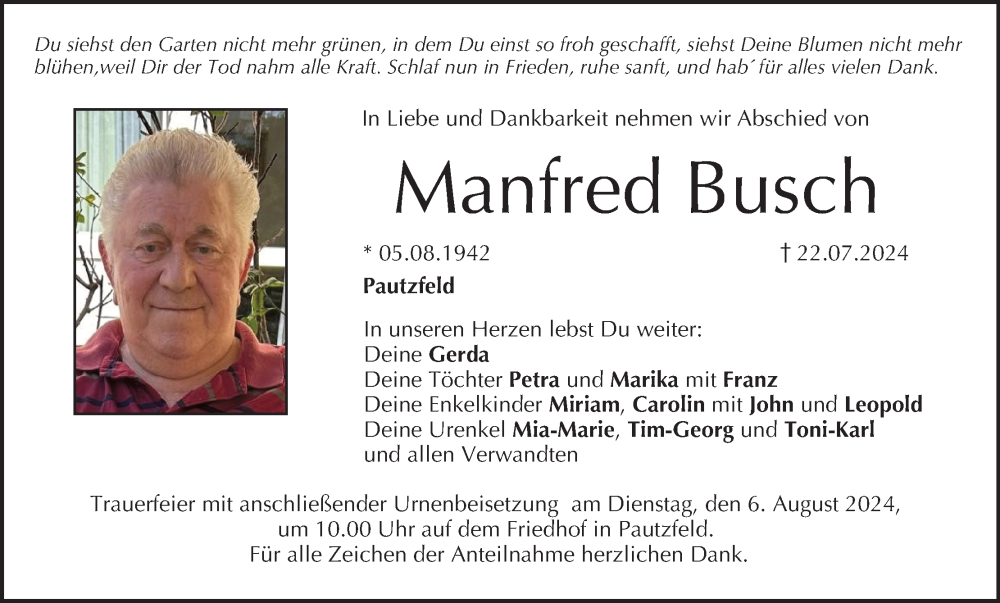  Traueranzeige für Manfred Busch vom 03.08.2024 aus MGO
