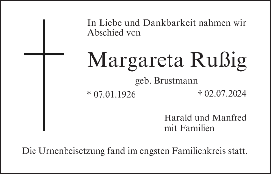 Anzeige von Margareta Rußig von MGO