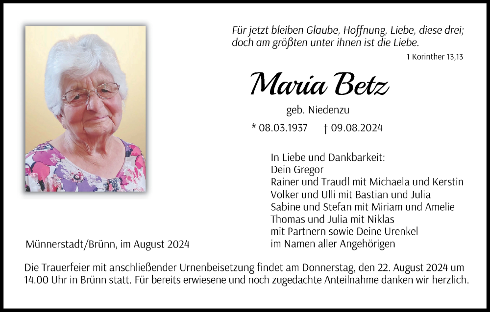  Traueranzeige für Maria Betz vom 17.08.2024 aus MGO