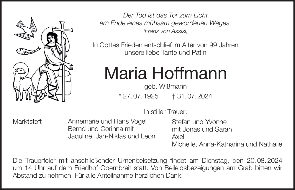  Traueranzeige für Maria Hoffmann vom 10.08.2024 aus MGO