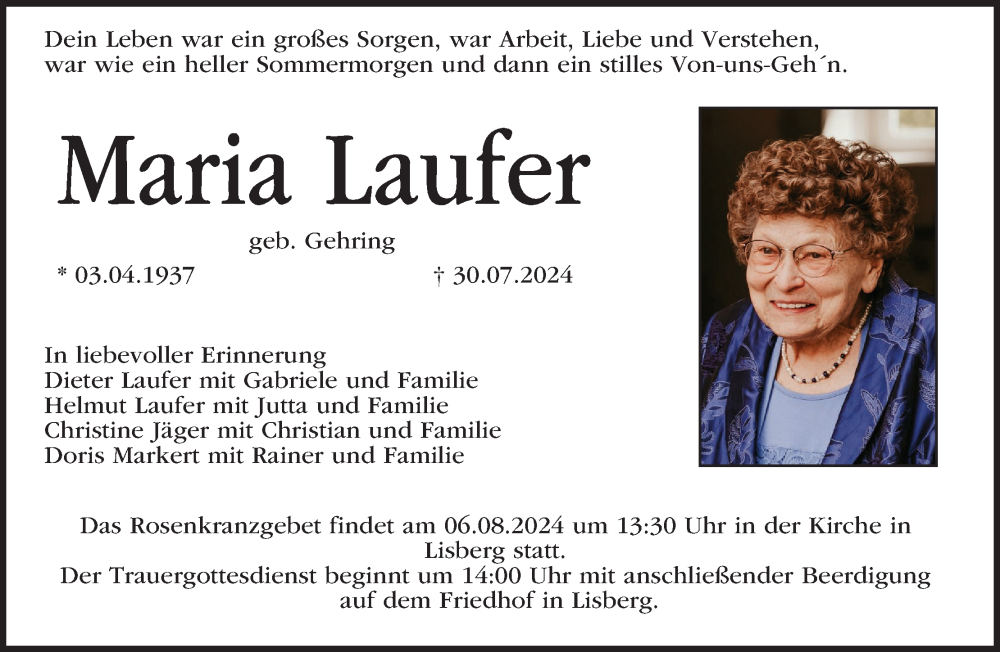  Traueranzeige für Maria Laufer vom 03.08.2024 aus MGO
