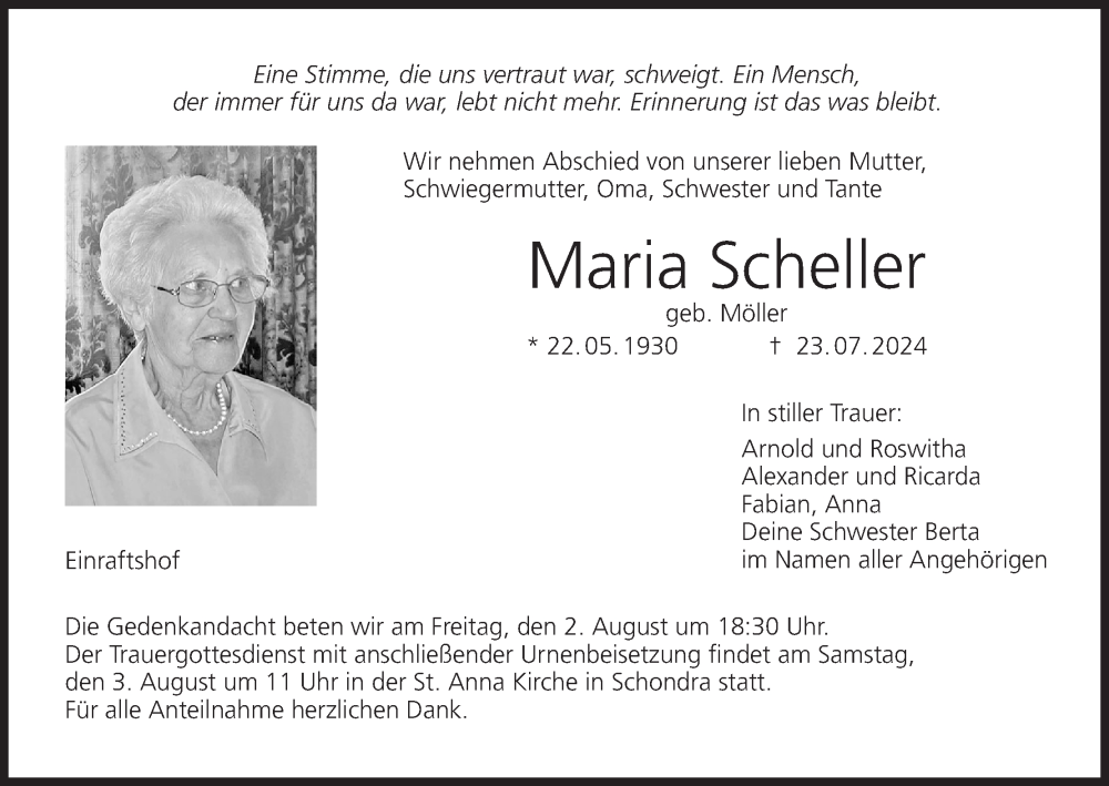  Traueranzeige für Maria Scheller vom 31.07.2024 aus MGO