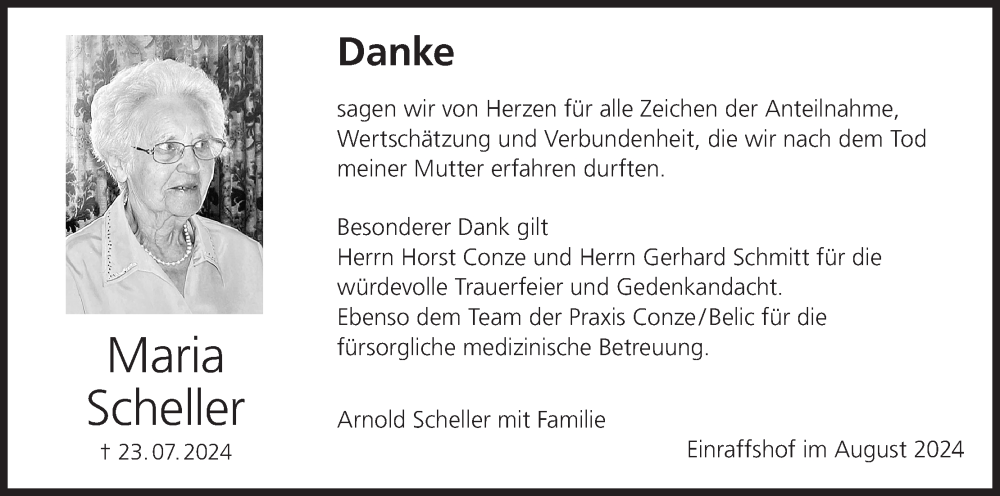  Traueranzeige für Maria Scheller vom 31.08.2024 aus MGO