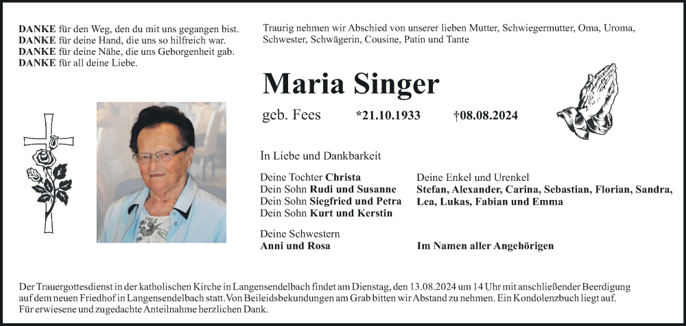  Traueranzeige für Maria Singer vom 10.08.2024 aus MGO
