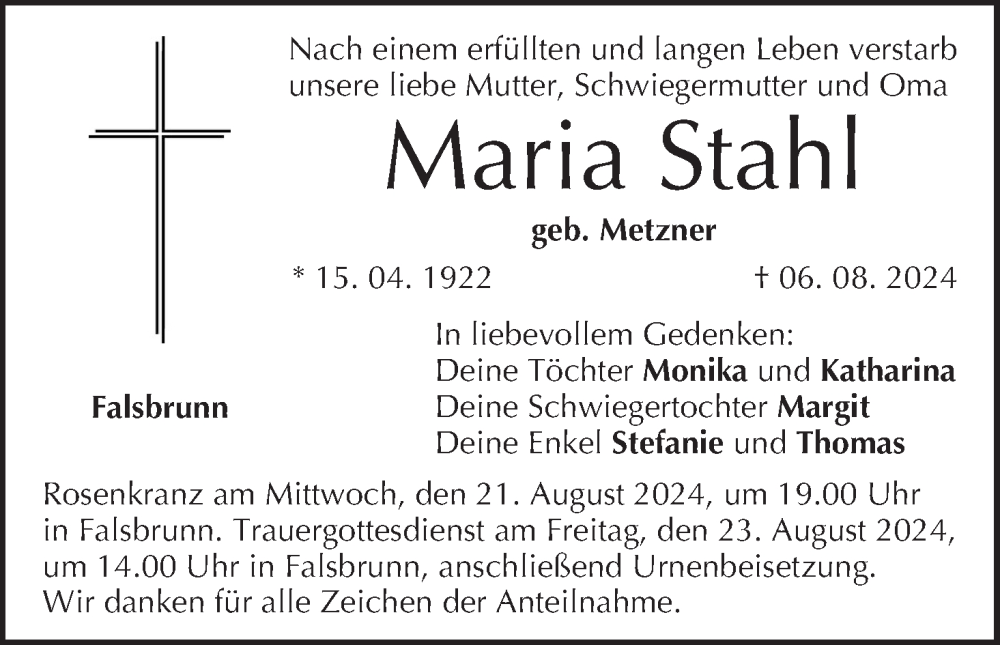  Traueranzeige für Maria Stahl vom 10.08.2024 aus MGO