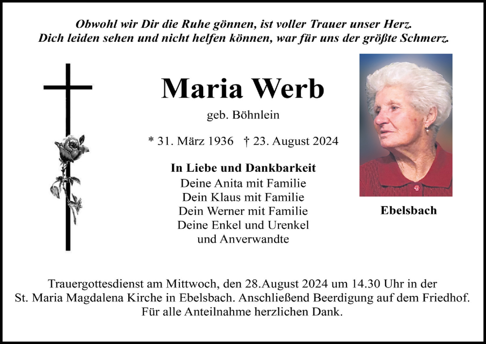  Traueranzeige für Maria Werb vom 27.08.2024 aus MGO