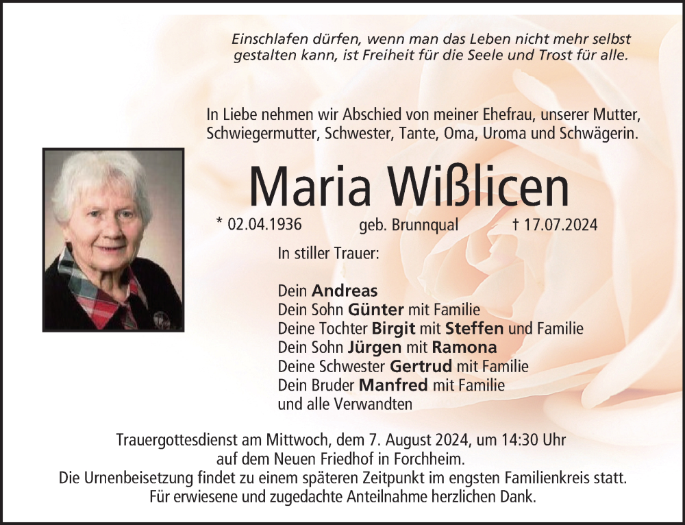  Traueranzeige für Maria Wißlicen vom 03.08.2024 aus MGO