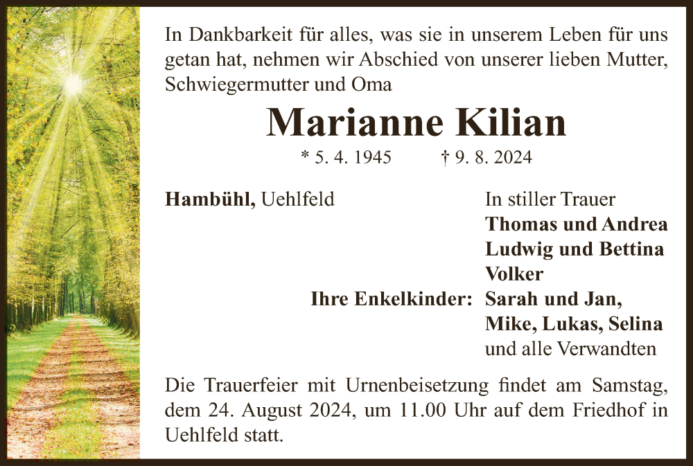  Traueranzeige für Marianne Kilian vom 17.08.2024 aus MGO