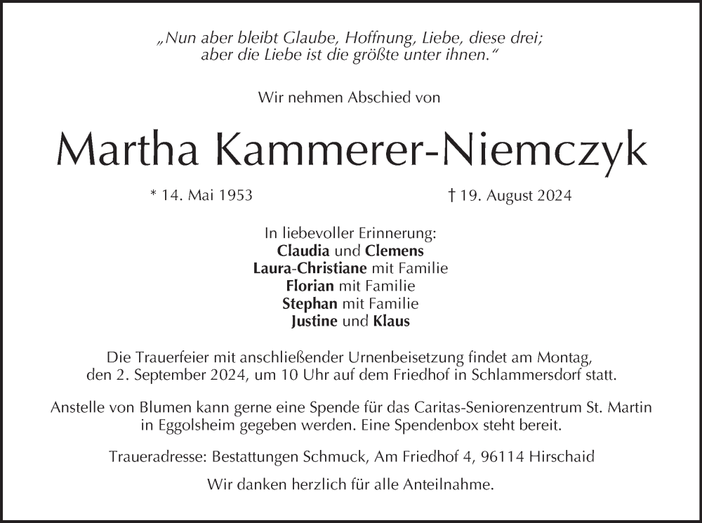  Traueranzeige für Martha Kammerer-Niemczyk vom 30.08.2024 aus MGO
