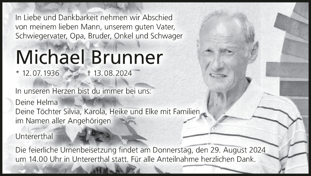 Traueranzeige für Michael Brunner vom 24.08.2024 aus MGO