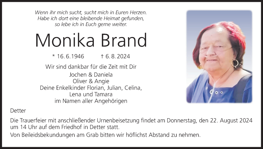  Traueranzeige für Monika Brand vom 17.08.2024 aus MGO