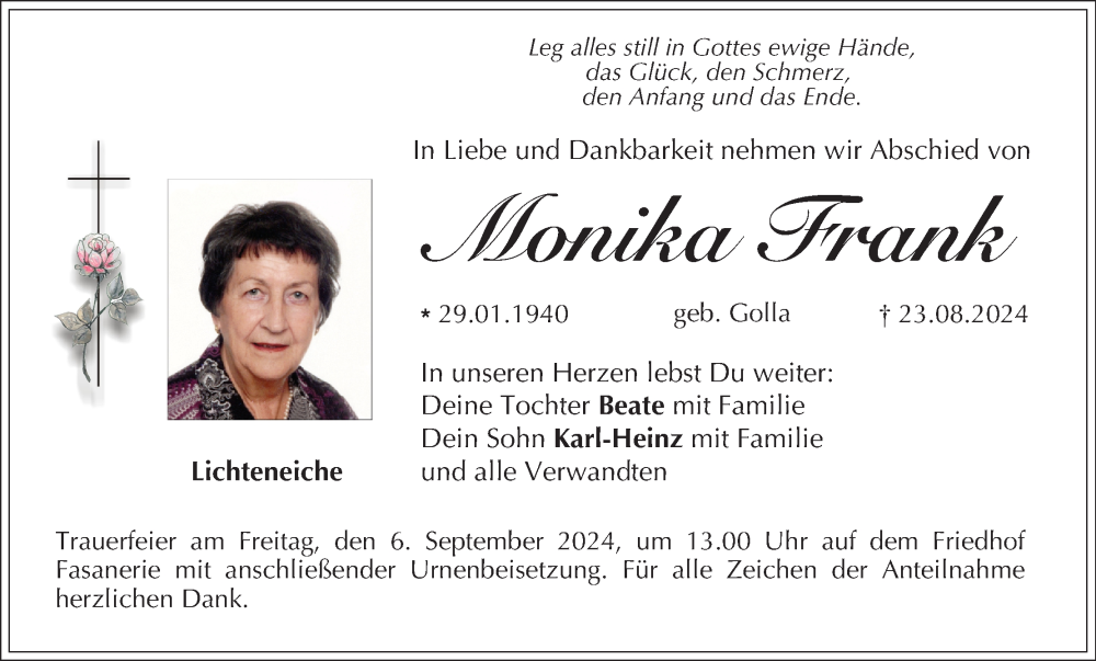  Traueranzeige für Monika Frank vom 31.08.2024 aus MGO