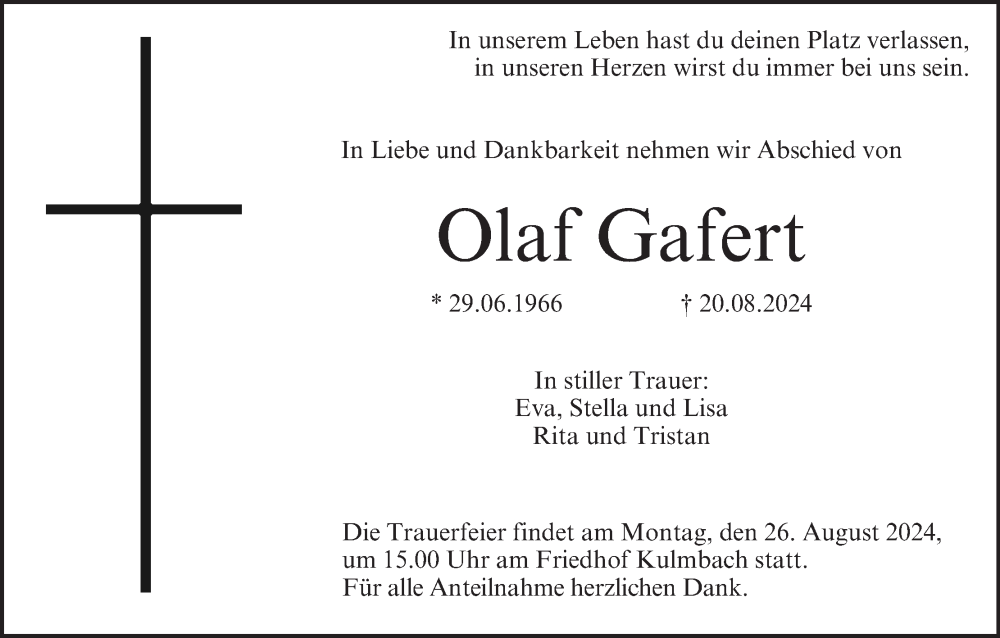  Traueranzeige für Olaf Gafert vom 24.08.2024 aus MGO