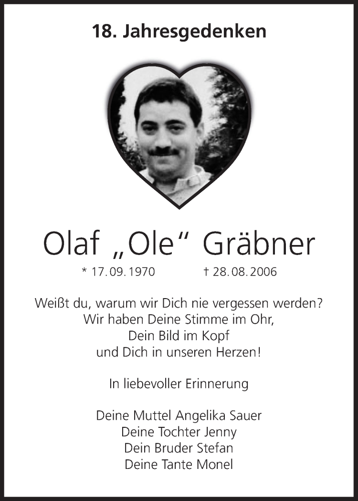  Traueranzeige für Olaf Gräbner vom 28.08.2024 aus MGO
