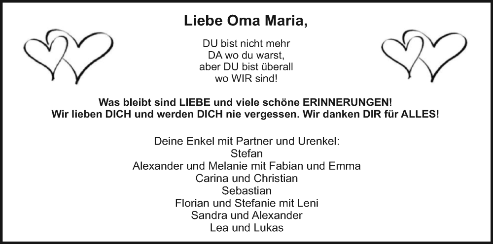  Traueranzeige für Maria Singer vom 10.08.2024 aus MGO