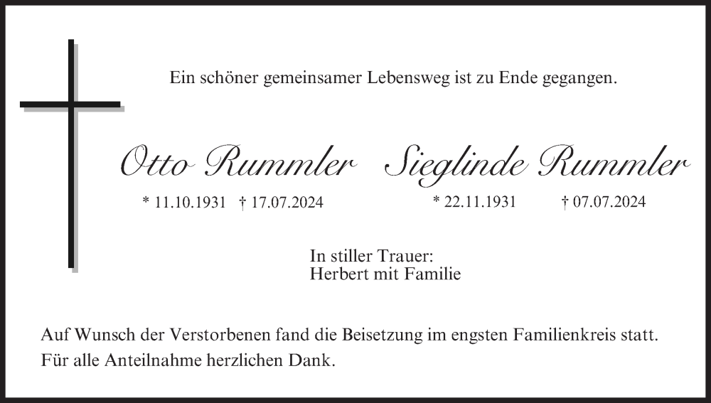  Traueranzeige für Otto Rummler vom 17.08.2024 aus MGO